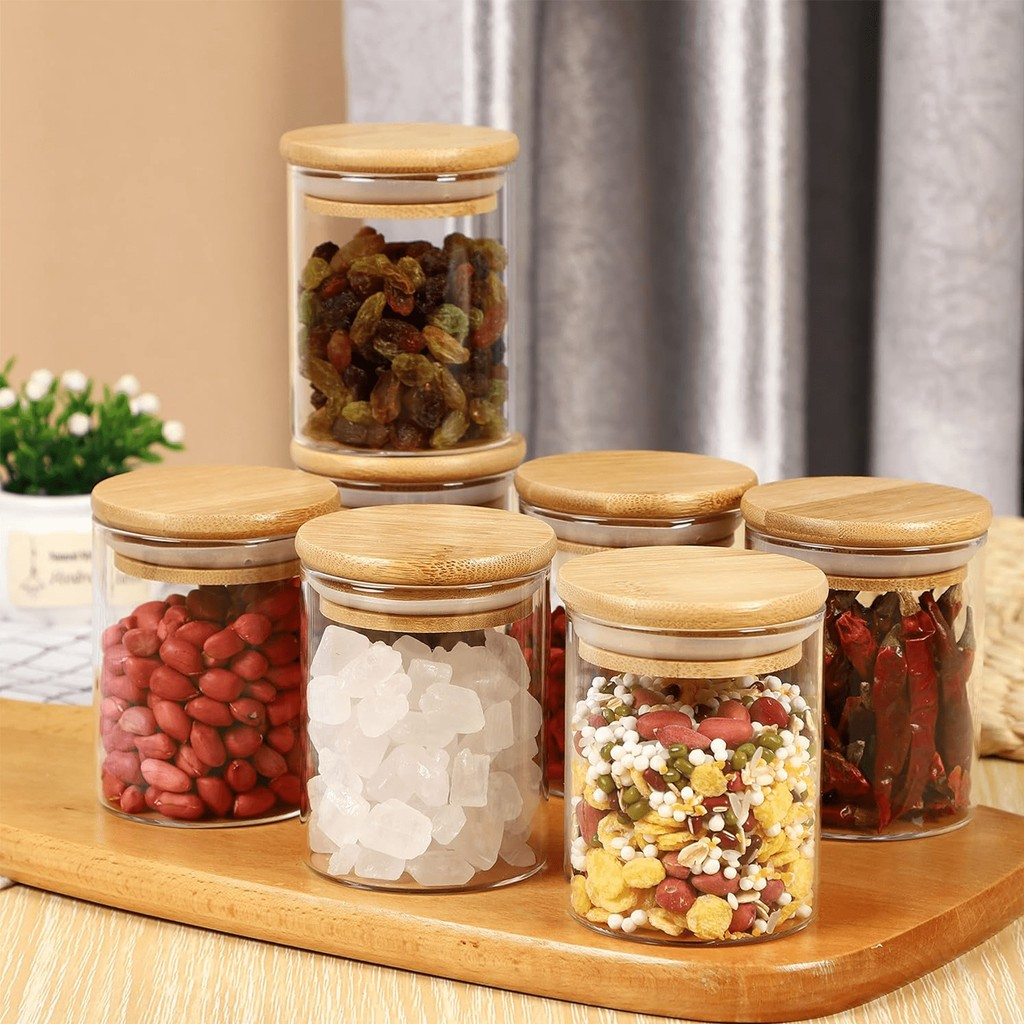 Kit 6 potes de vidro herméticos tampa de bambu