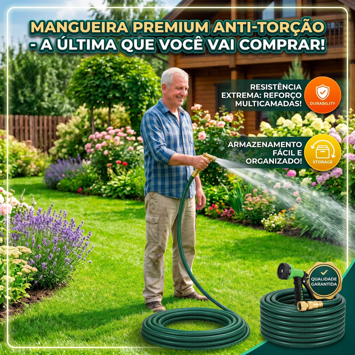Mangueira de jardim anti-torção reforçada preta com esguicho e engates - 15 a 30 metros