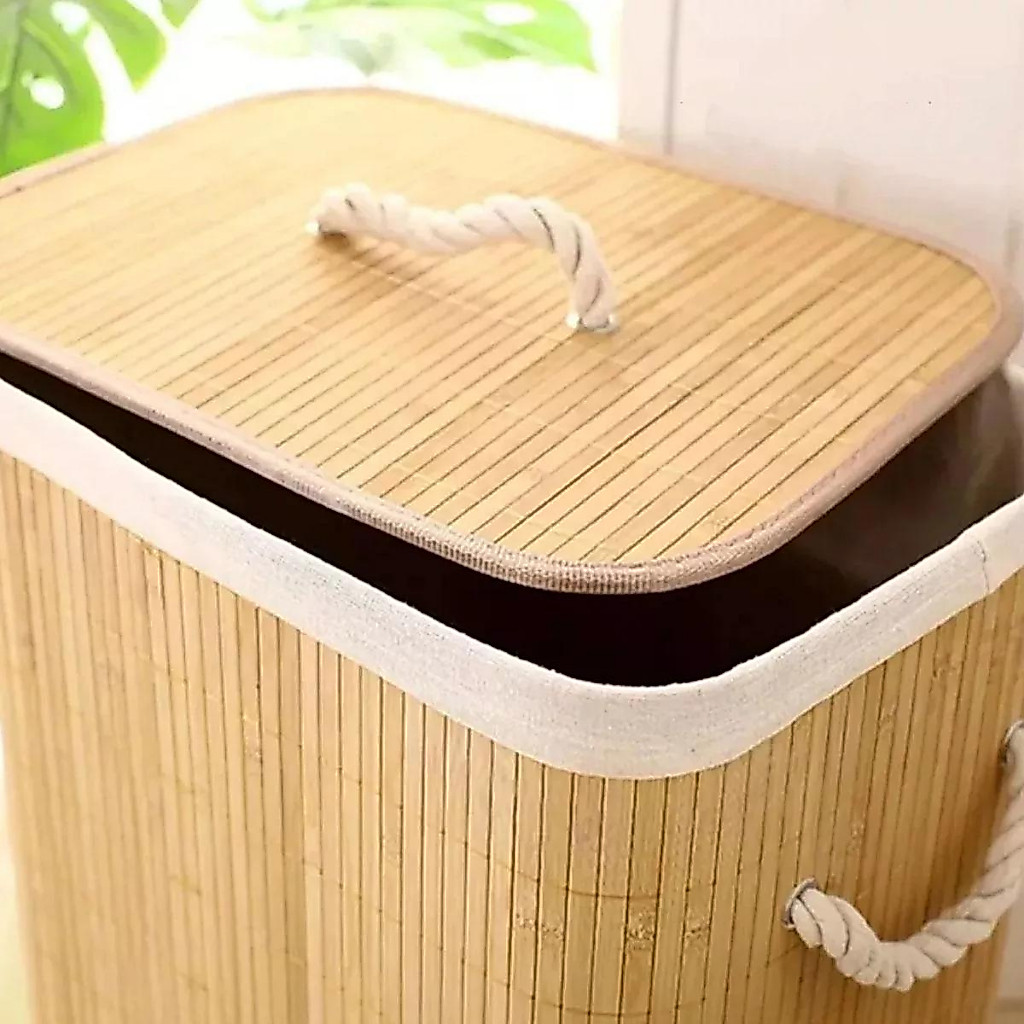 Cesto De Roupa Suja Bambu 72L Dobravel Organizador Forrado Banheiro 60cm Grande Cesto Retangular