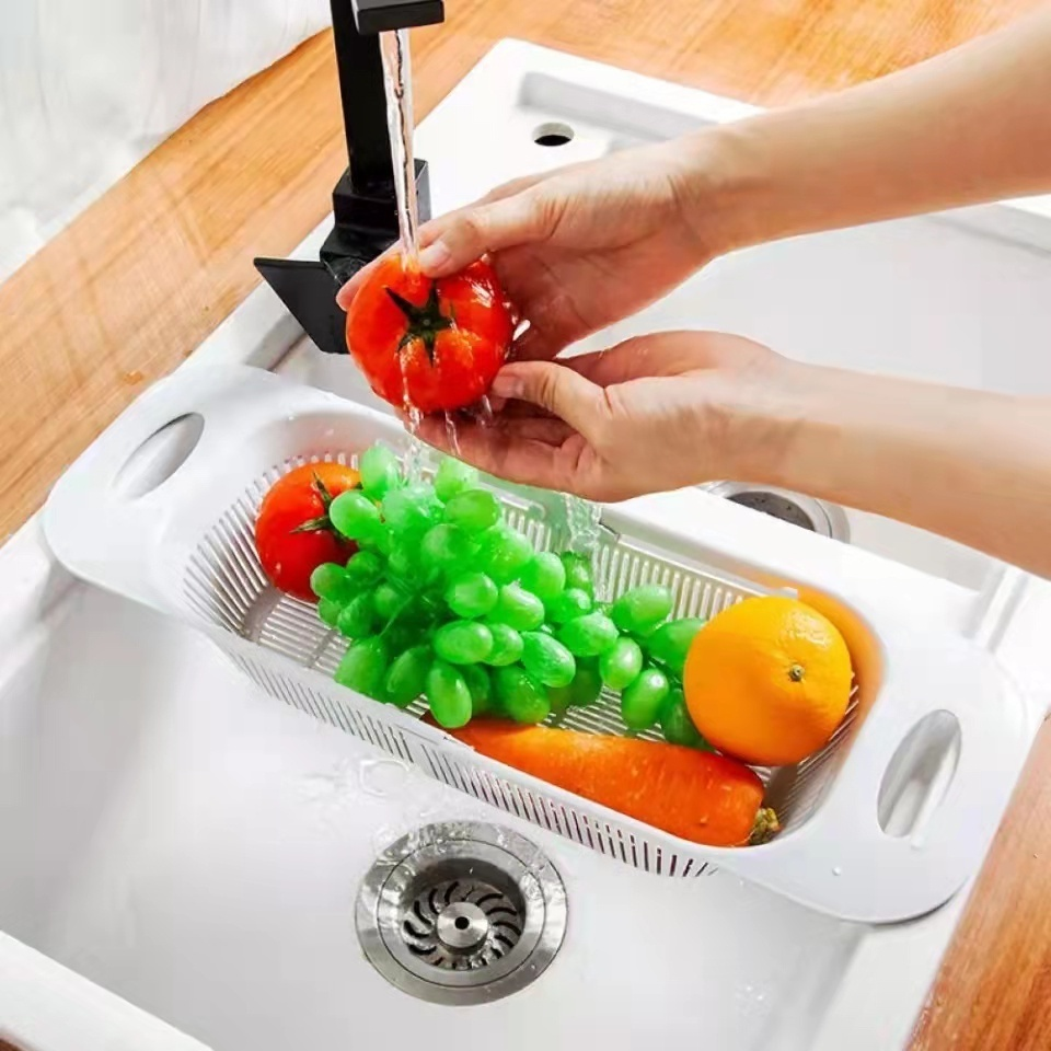 Escorredor De Pia Retrátil Com Alças Cesta Rack Ajustável Para Pratos Alimentos Frutas Legumes Verdura Multiuso Plástico