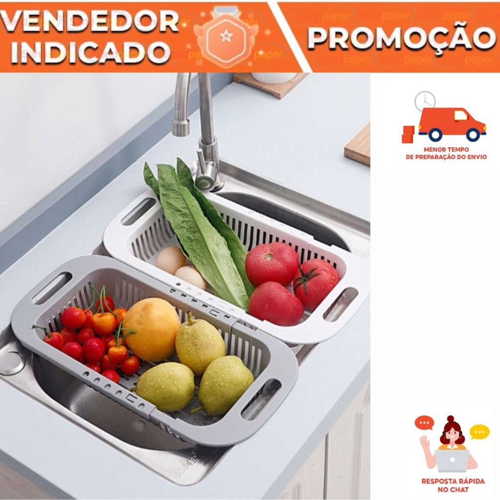 Escorredor De Pia Retrátil Com Alças Cesta Rack Ajustável Para Pratos Alimentos Frutas Legumes Verdura Multiuso Plástico