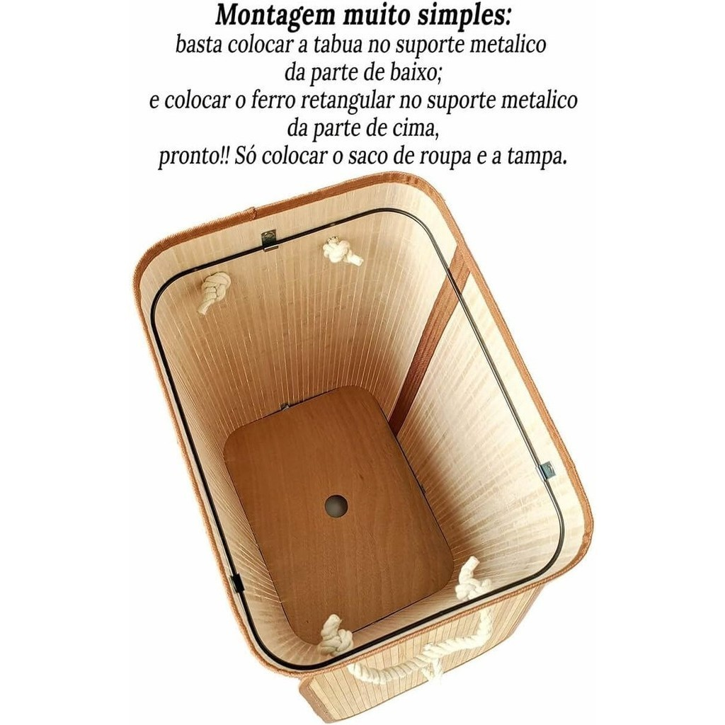 Cesto De Roupa Suja Bambu 72L Dobravel Organizador Forrado Banheiro 60cm Grande Cesto Retangular