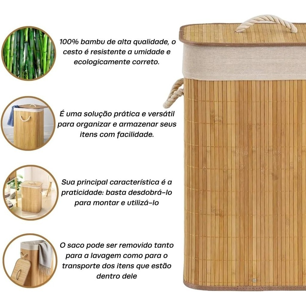 Cesto De Roupa Suja Bambu 72L Dobravel Organizador Forrado Banheiro 60cm Grande Cesto Retangular
