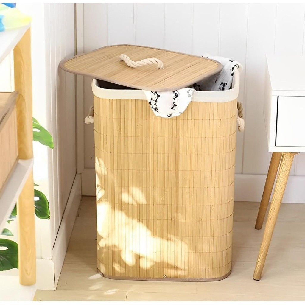 Cesto De Roupa Suja Bambu 72L Dobravel Organizador Forrado Banheiro 60cm Grande Cesto Retangular
