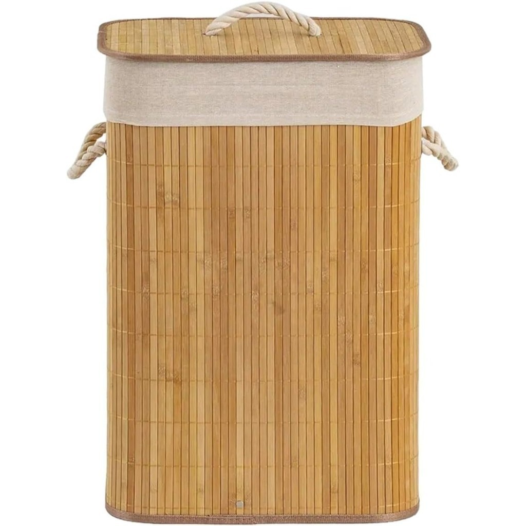 Cesto De Roupa Suja Bambu 72L Dobravel Organizador Forrado Banheiro 60cm Grande Cesto Retangular