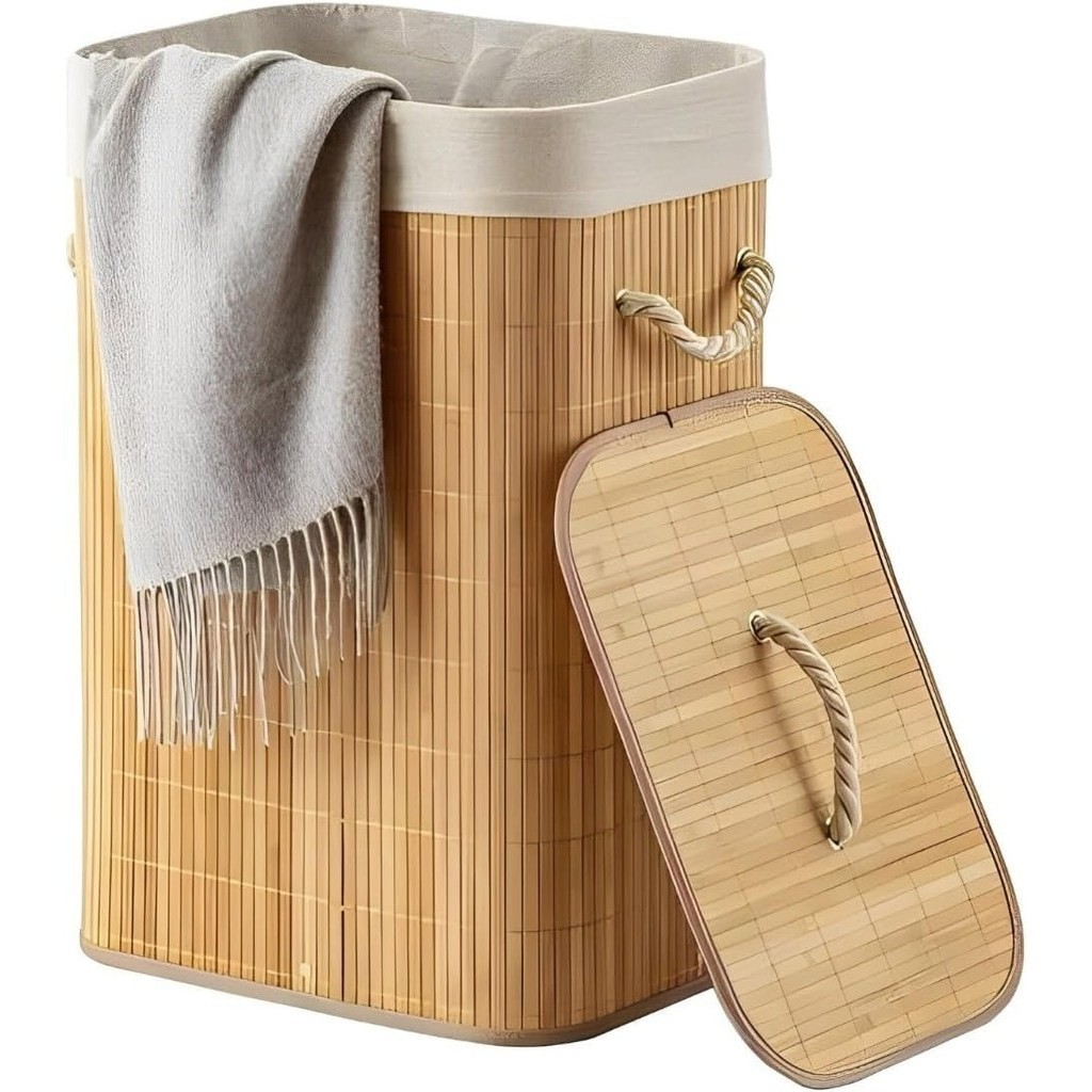 Cesto De Roupa Suja Bambu 72L Dobravel Organizador Forrado Banheiro 60cm Grande Cesto Retangular