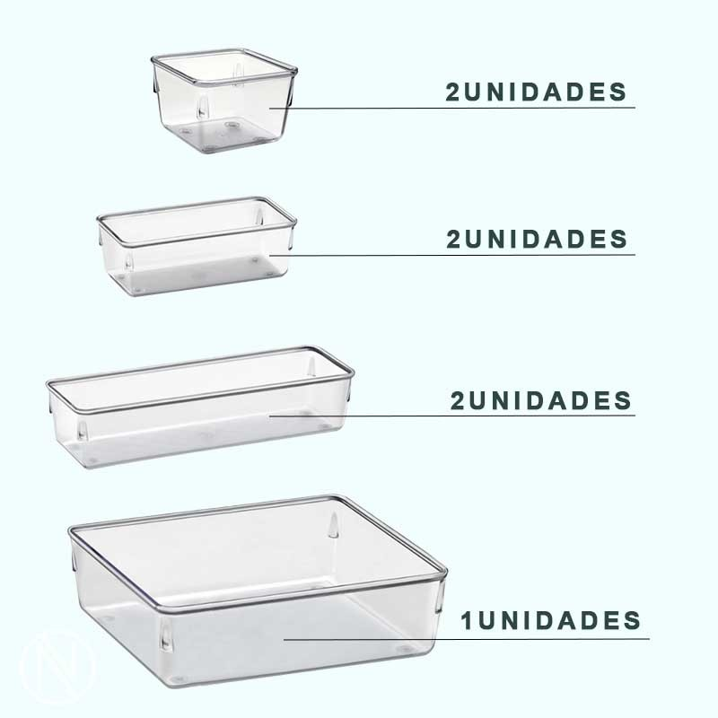 Kit 7 e Kit 14 Organizadores Multiuso para Gavetas, Armários, Geladeiras Potes em Acrílico