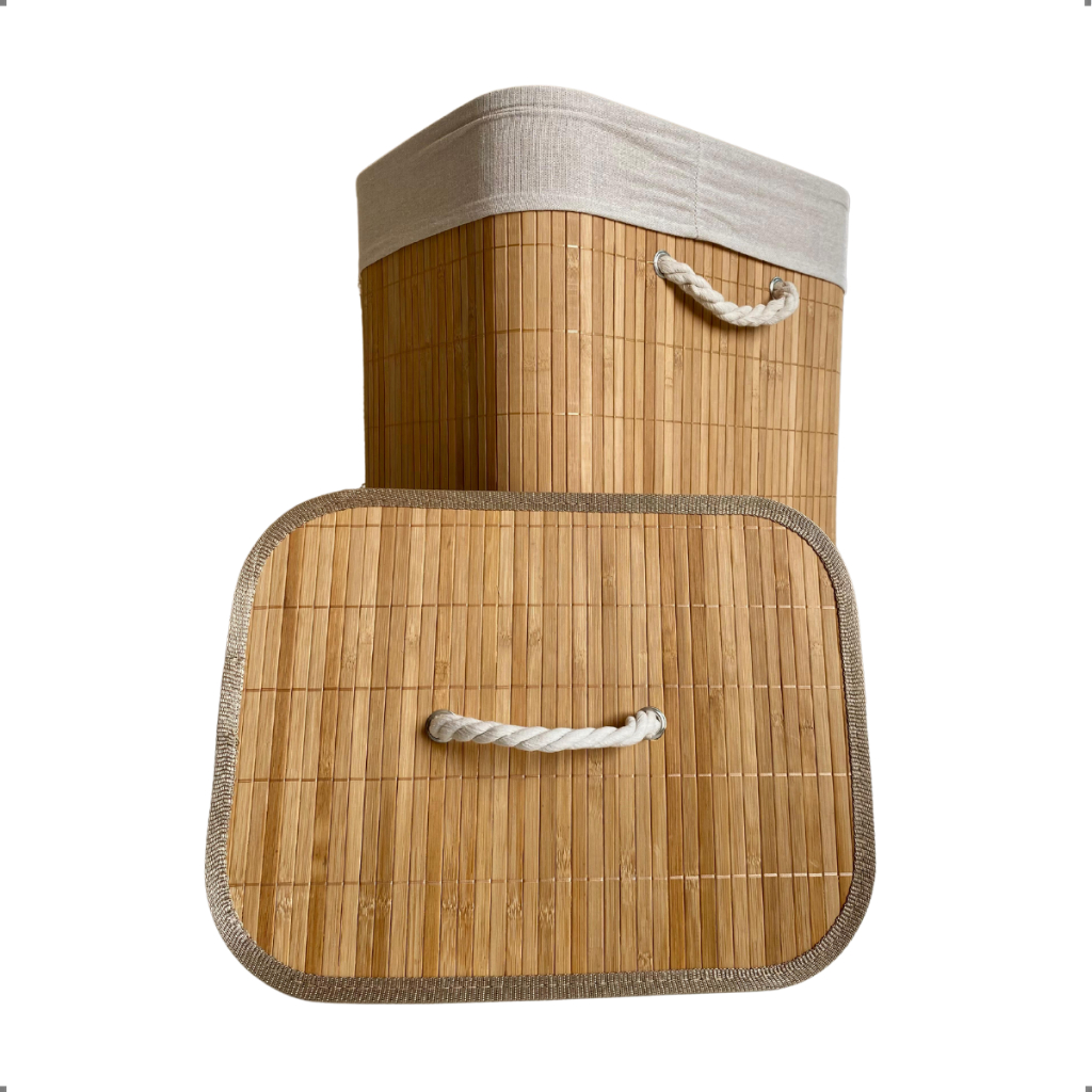 Cesto De Roupa Suja Bambu 72L Dobravel Organizador Forrado Banheiro 60cm Grande Cesto Retangular