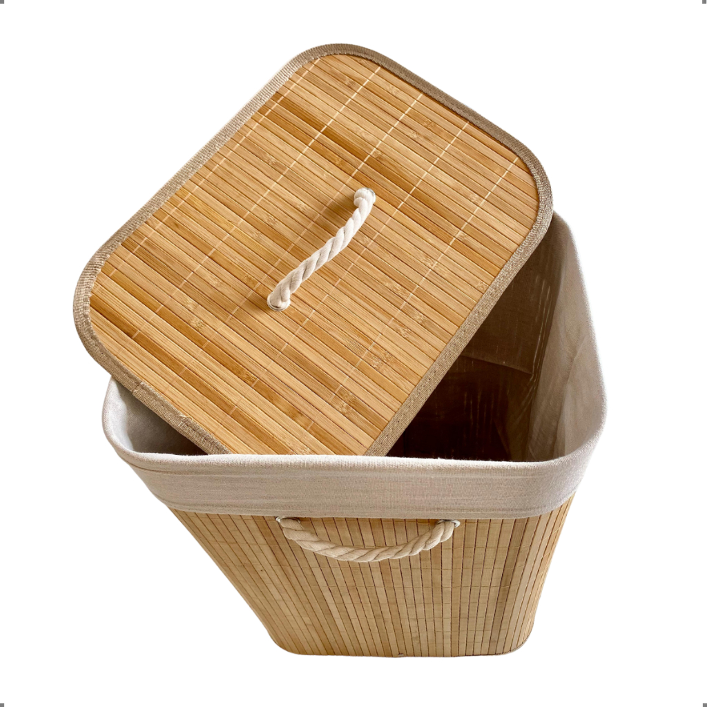 Cesto De Roupa Suja Bambu 72L Dobravel Organizador Forrado Banheiro 60cm Grande Cesto Retangular
