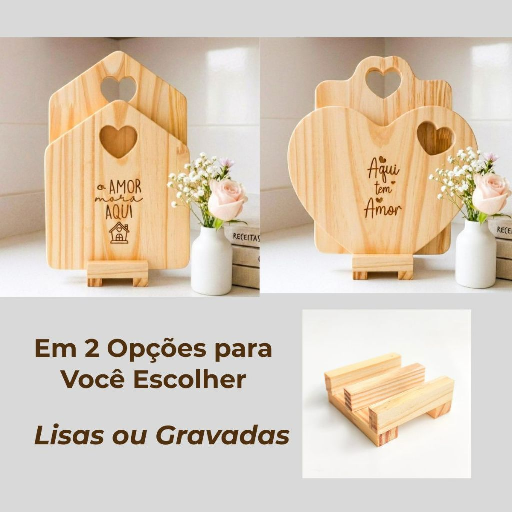 Tábua Petisqueira para Frios Coração em Madeira com Suporte - Mesa Posta - Decoração para Cozinha