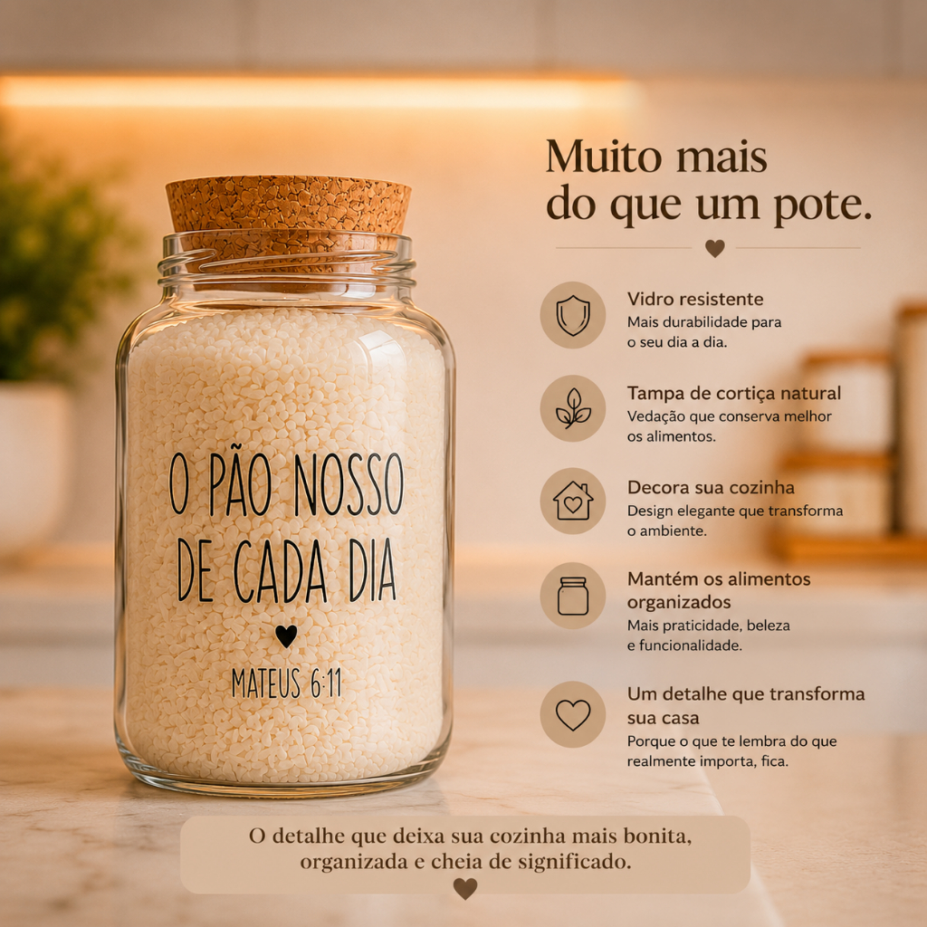 Kit Cantinho do Café | Mantimentos | Potes de Vidro 810 ml + tampa rolha cortiça| Arroz Macarrão Açúcar