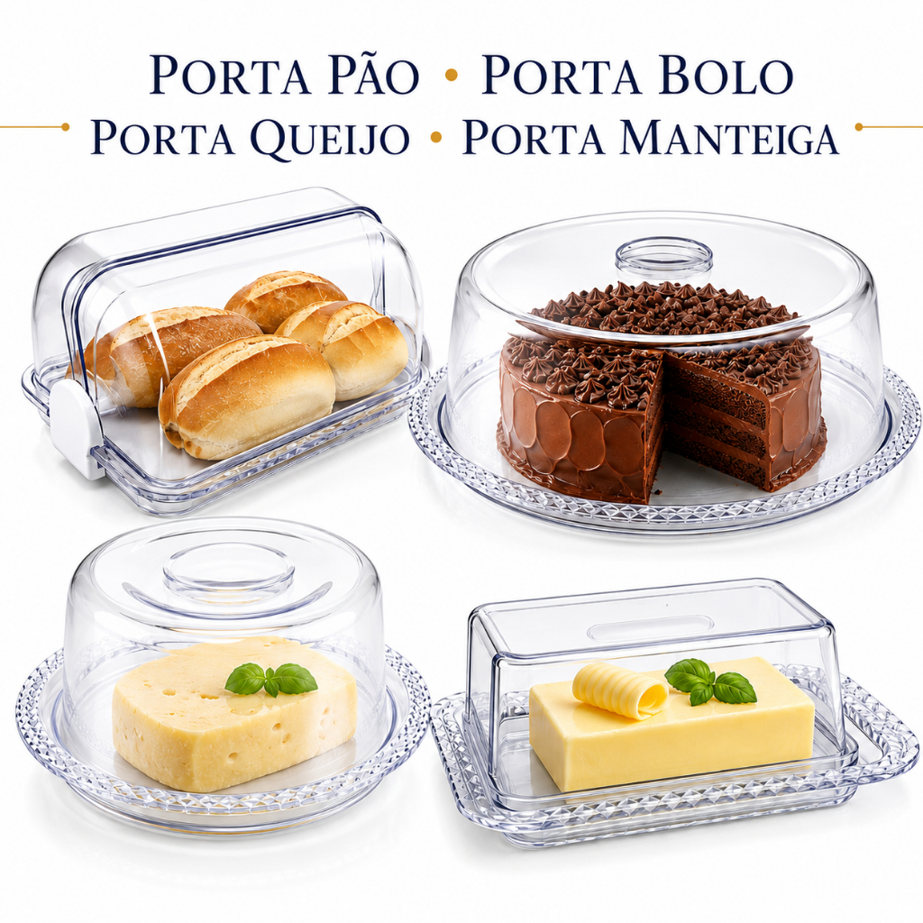 KITS Itens Mesa Posta Café da Manhã Porta Pão, Boleira, Queijeira, Manteigueira