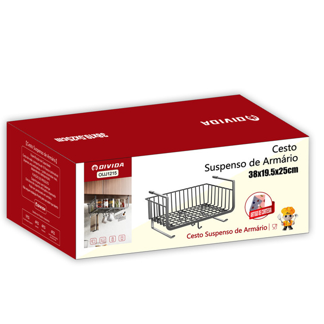 Cesto Organizador Suspenso Armário Prateleira 38x19,5x25cm Sem Furos Multiuso Casa