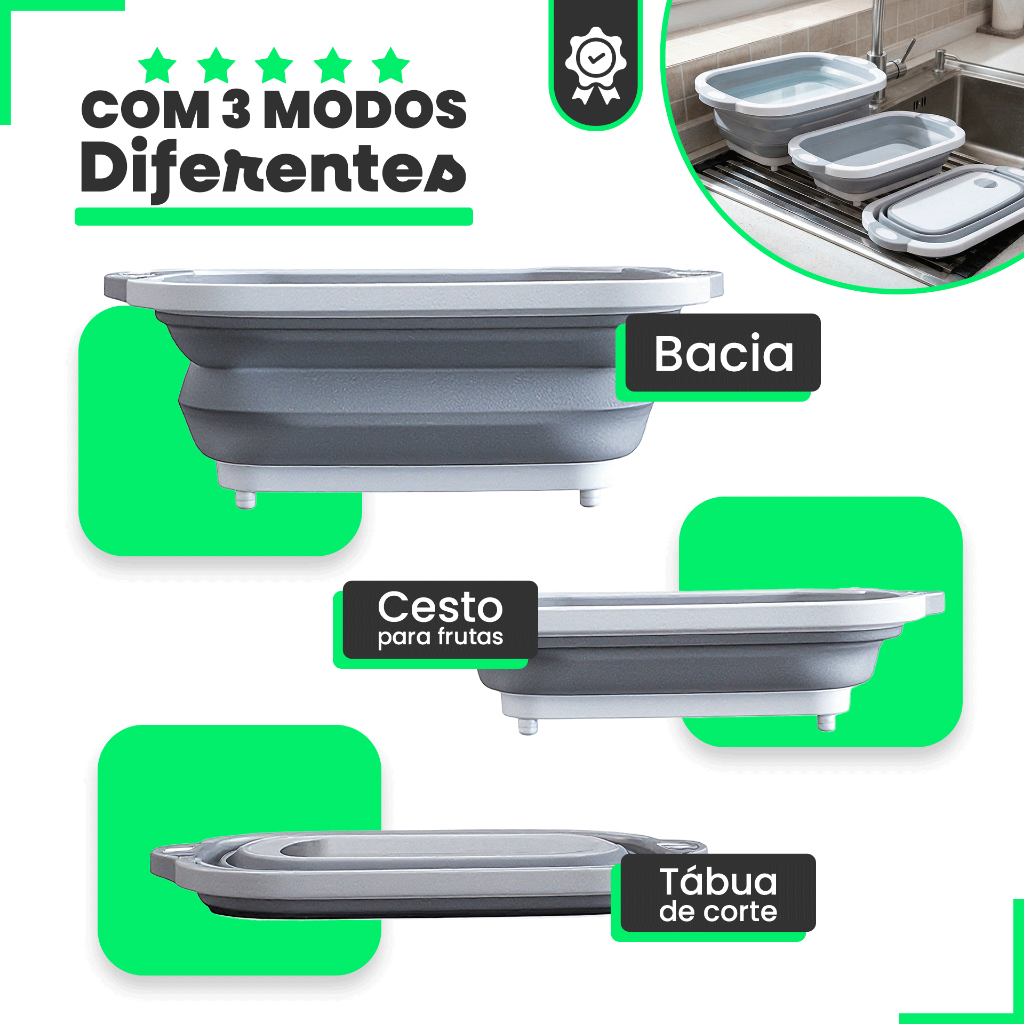 Bacia Retrátil e Tábua de Corte Muito Útil Fácil de Guardar