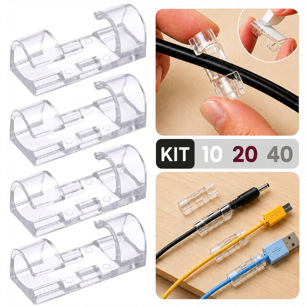 KIT 20 ~ 100 Organizador de Fios e Cabos Autoadesivo Transparente Clips Fixador