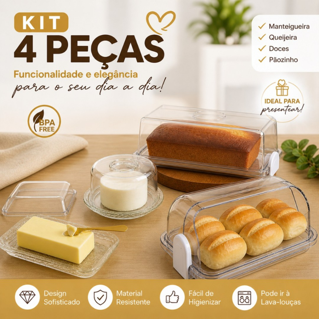 KITS Itens Mesa Posta Café da Manhã Porta Pão, Boleira, Queijeira, Manteigueira