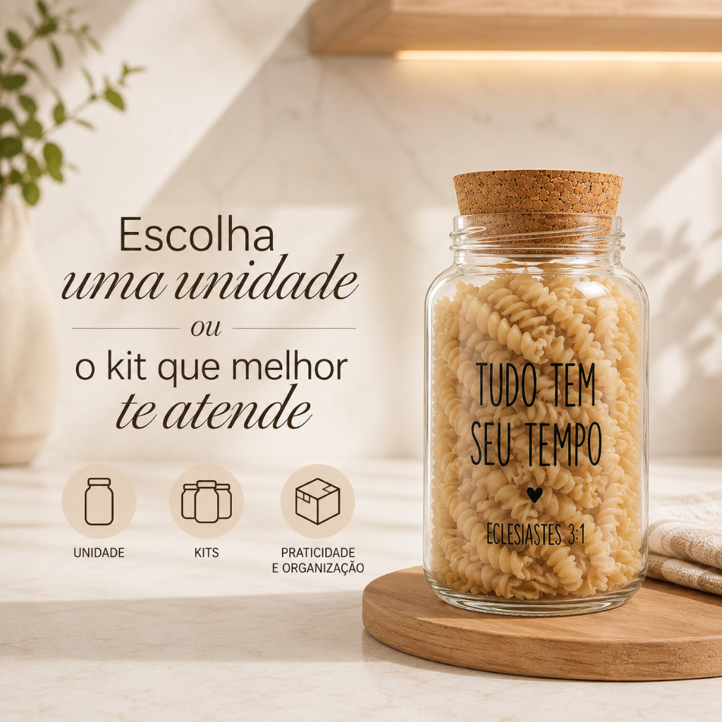 Kit Cantinho do Café | Mantimentos | Potes de Vidro 810 ml + tampa rolha cortiça| Arroz Macarrão Açúcar
