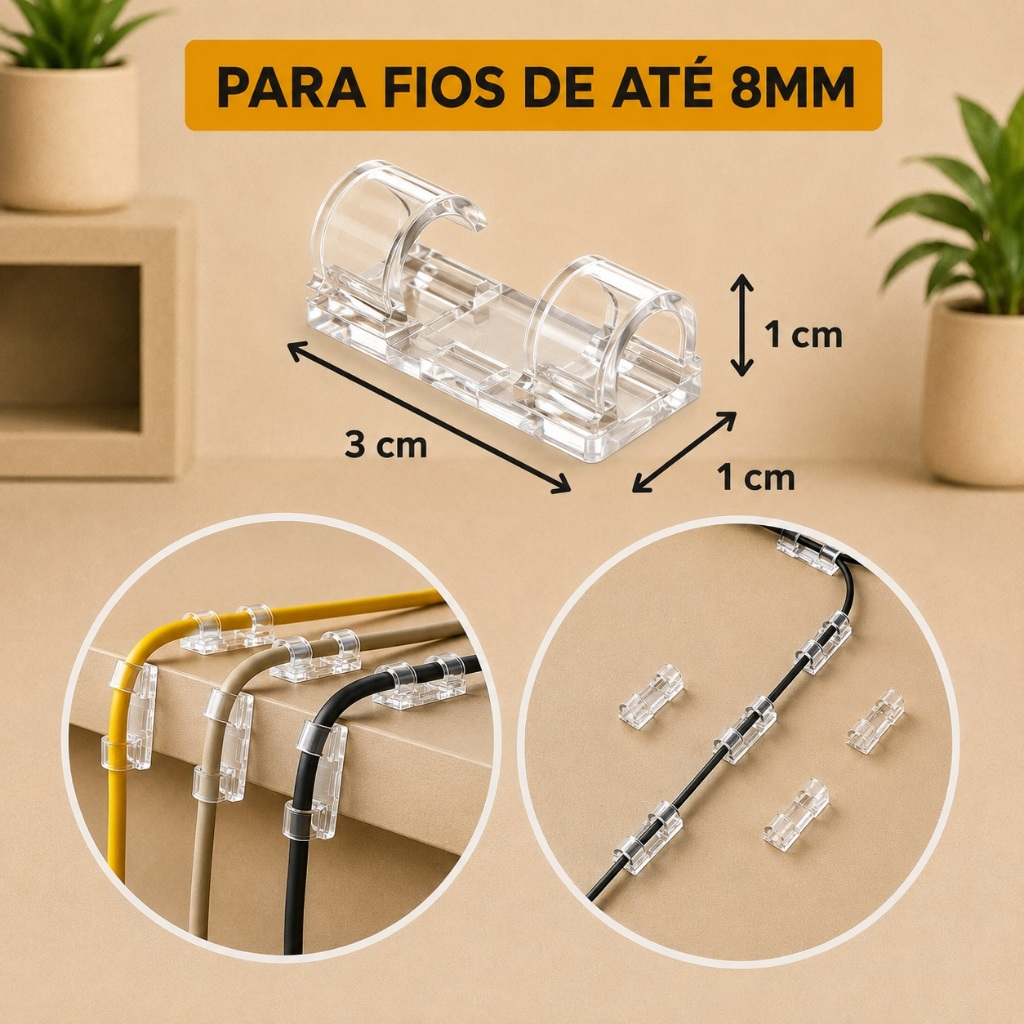 KIT 20 ~ 100 Organizador de Fios e Cabos Autoadesivo Transparente Clips Fixador