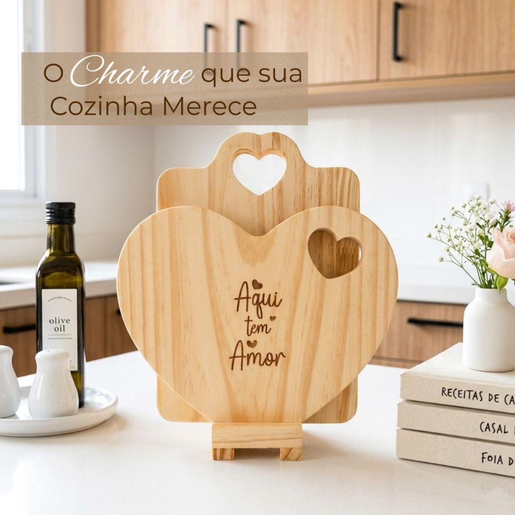 Tábua Petisqueira para Frios Coração em Madeira com Suporte - Mesa Posta - Decoração para Cozinha