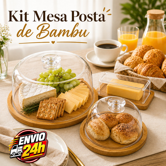 ￼Kit Café da Manhã 3 ITENS Boleira + Manteigueira + Queijo BAMBU Para mesa posta